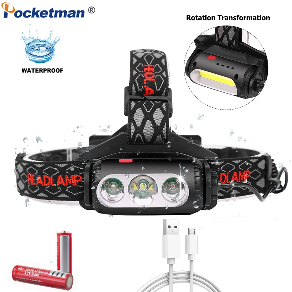 

18000LM Powerful Headlamp COB+T6 LED Headlight Waterproof IPX-5 Head Light Rechargeable Head Torch with Rotating Head Lamp/18650