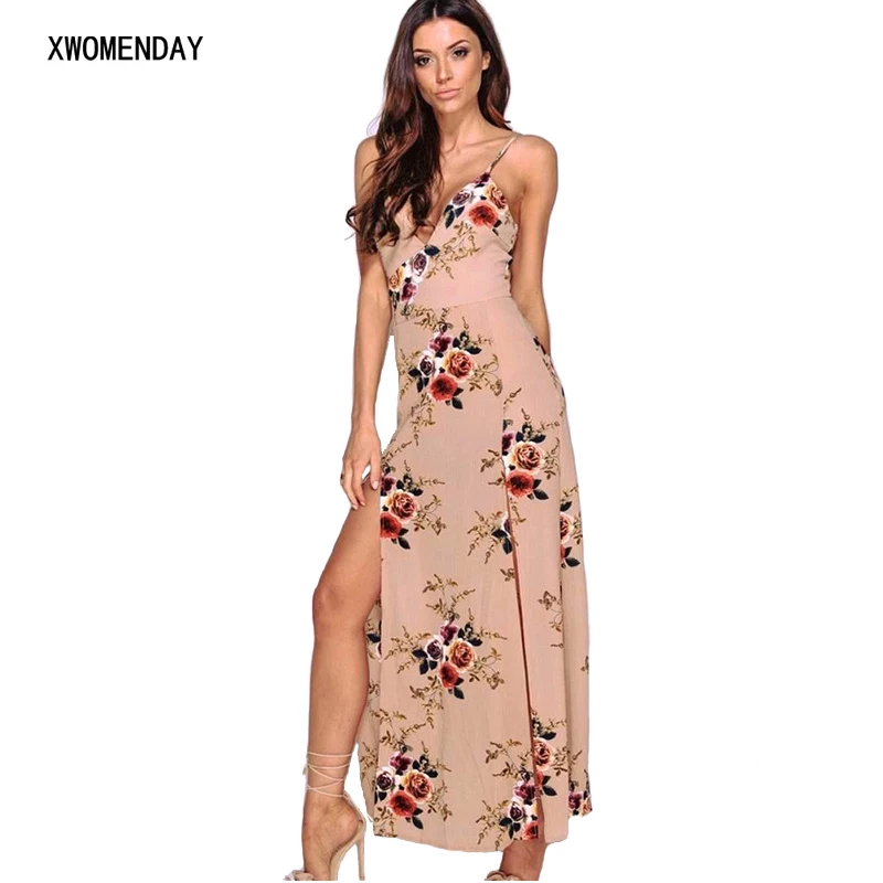 Women Summer Boho Maxi Long Dress Evening Party Beach Split Dress Sundress Floral Print Sleeveless Backless V Neck Casual Dress