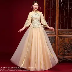 2018 вышивка Cheongsam желтый Qipao свадебное платье Традиционный китайский платья Китай Костюмы магазине невесты традиции