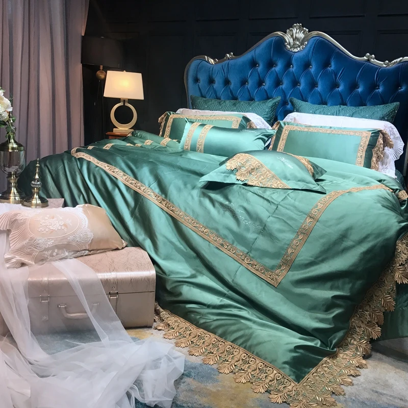 New Luxury Green Purple Champagne Silver Silk Cotton Bedding Set
