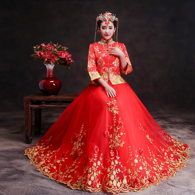 Handmade Embroidery Women Oriental Style Qipao Royal Bride Red Wedding Dress Chinese Marriage Cheongsam Suit Toast Clothes