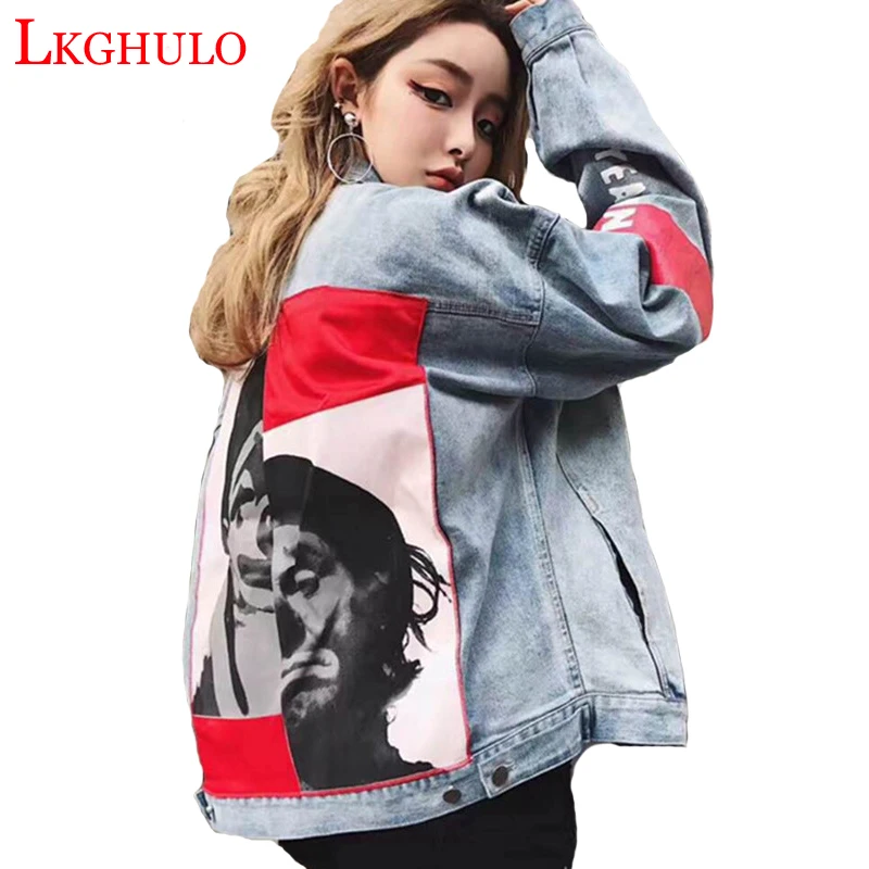 

2018Autumn Denim Jacket Women New Fashion Loose Streetwear Printed cowboy jackets men and women lovers Cowboy Jackets Coats W228
