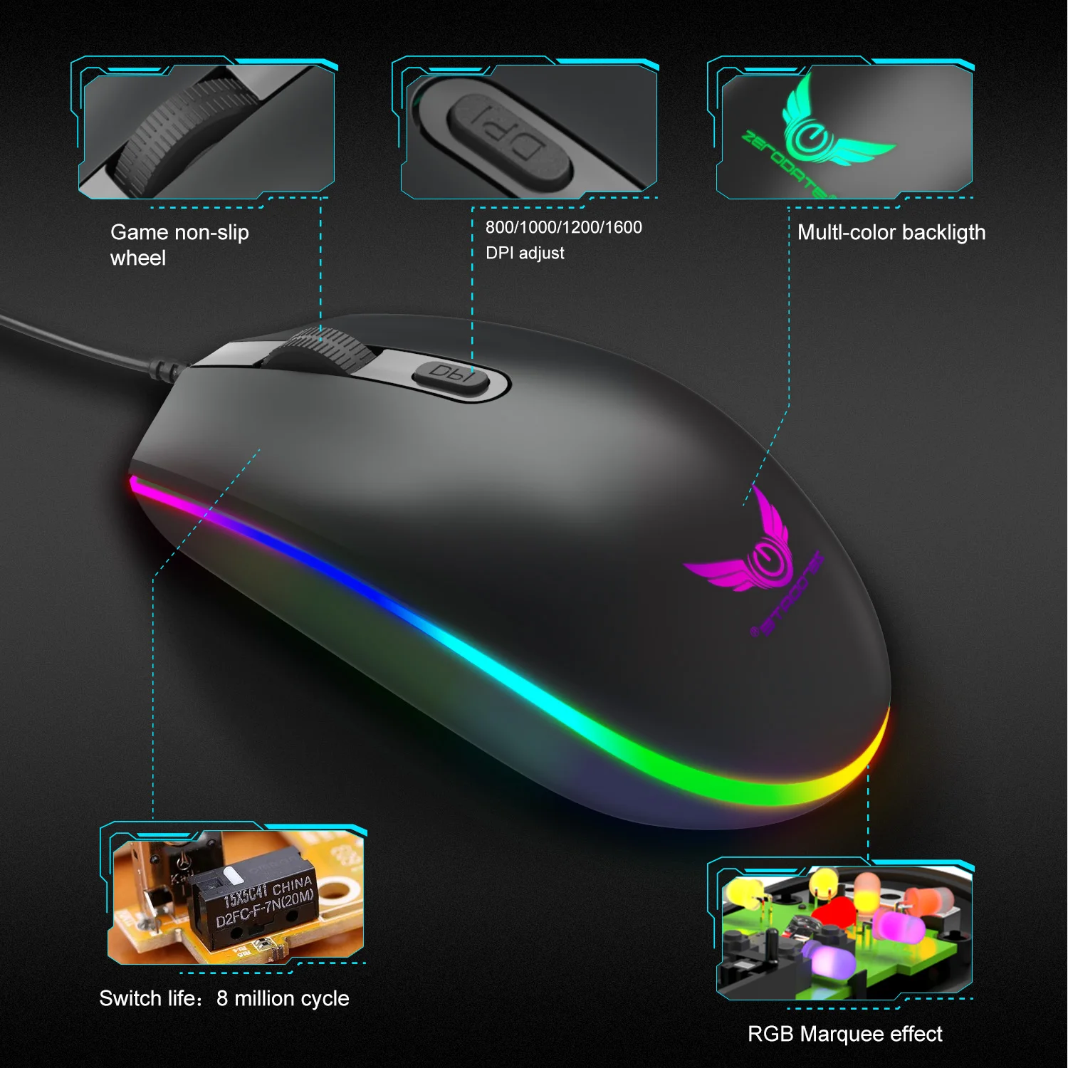 

ZERODATE S900 Computer Gaming Mouse 4 Buttons 1600DPI RGB LED Backlight Optical Ergonomic Mouse USB Wired Mouse Mice For PC
