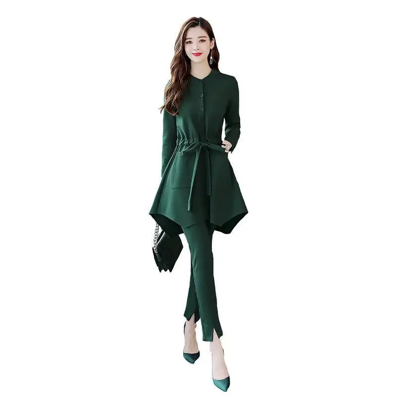 

2019 Spring Autumn Women Two Piece Set Long Sleeve Fashion Solid Slim Waist Tops + Split Pencil Pants Sets Chic Elegant Suit J32