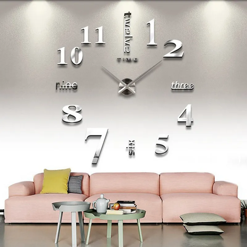 DIY стикер на стену часы 3D большие зеркальные часы Наклейка на стену s новое украшение для дома современный дизайн настенные часы Наклейка на стену - Цвет: silver big clock