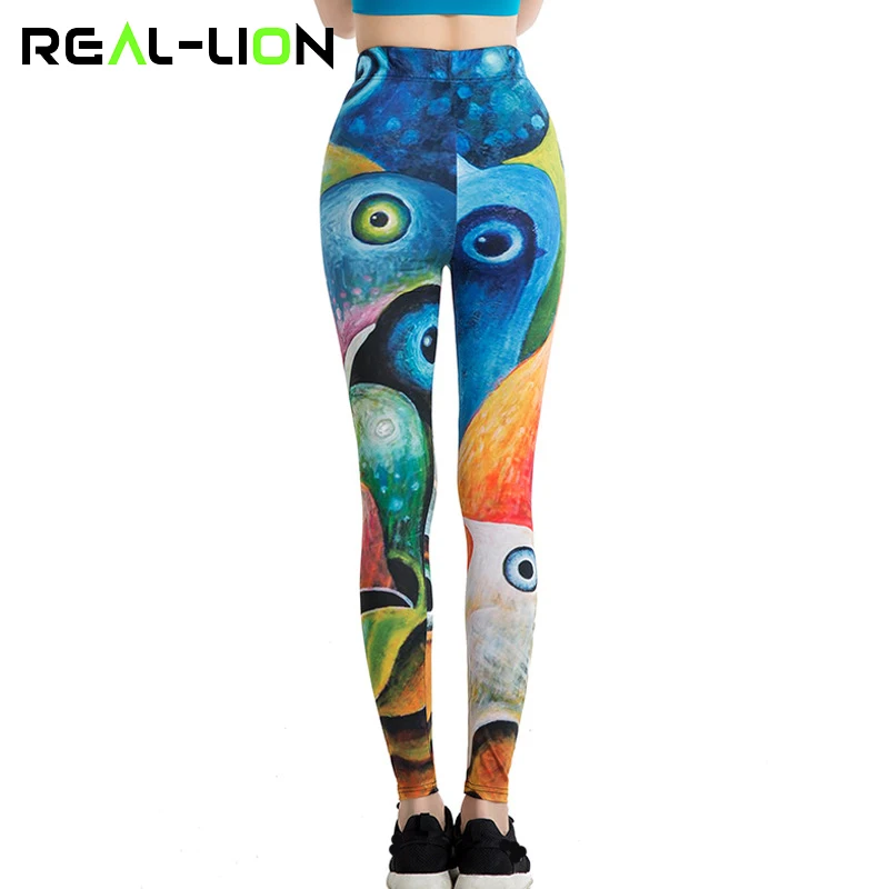 

RealLion Peacock Eyes Pants Ankle Length Gym Leggings Colorful Women Yoga Clothes Running Tights Sport Trousers Elastic