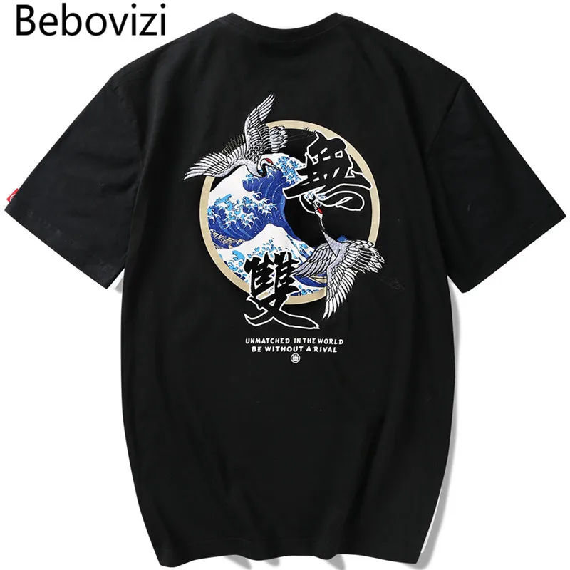 

Bebovizi 2019 Hip Hop T Shirt Men Japanese Wave Crane T-shirt Harajuku Streetwear Tshirt Cotton Short Sleeve Embroidery Tops Tee