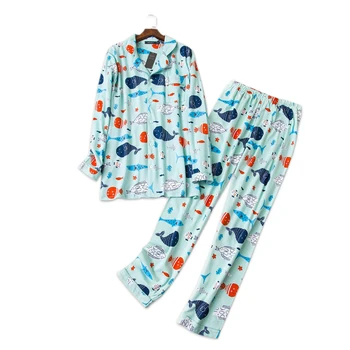 

Man pajamas cartoon fish pajamas sets 100% brushed cotton spring long-sleeve sleepwear for Male plus size pijamas hombre pyjamas