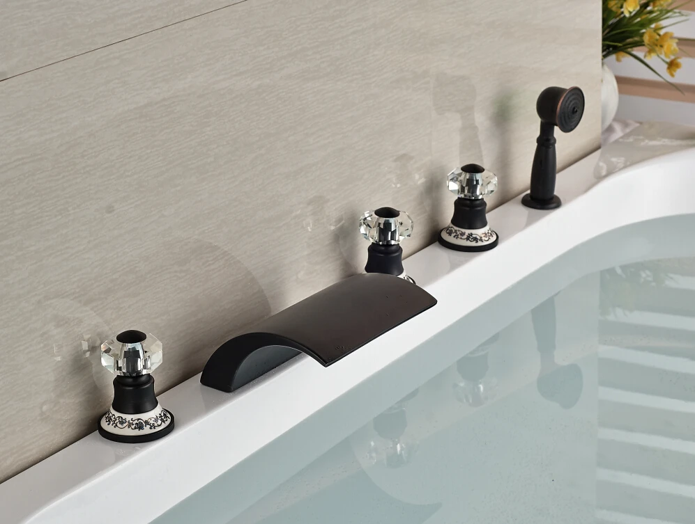 

Blue And White Base Deck Mounted Oil Rubbed Bronze Mixer Tap Bathroom Tub Faucet With Hand Shower Sprayer 5pcs