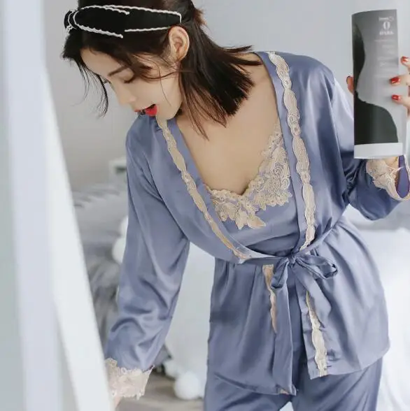 grey 3 pieces Комплект одежды для сна из 3 предметов, женские пижамы на весну и осень, женская пижама, шелковая кружевная сексуальная пижама, женские длинные штаны+ халат+ Топ - Цвет: grey 3 pieces