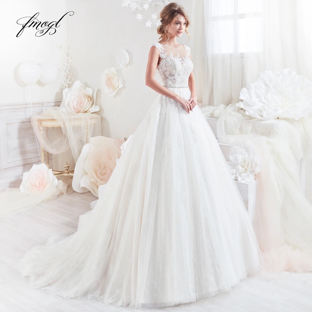 

Fmogl Vestido De Noiva Lace Princess Wedding Dress 2019 Sexy Illusion Scoop Neck Appliques Beaded Button A Line Bride Gown