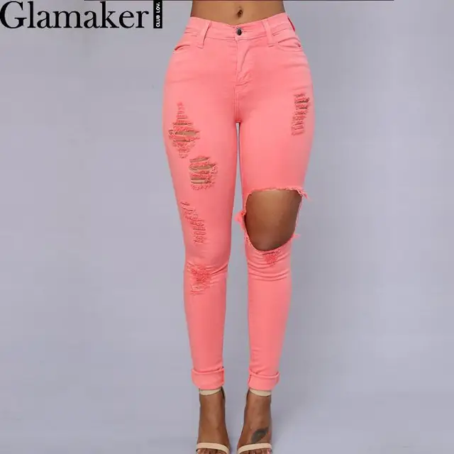 Buy Glamaker Fashion sexy pink ripped jeans female