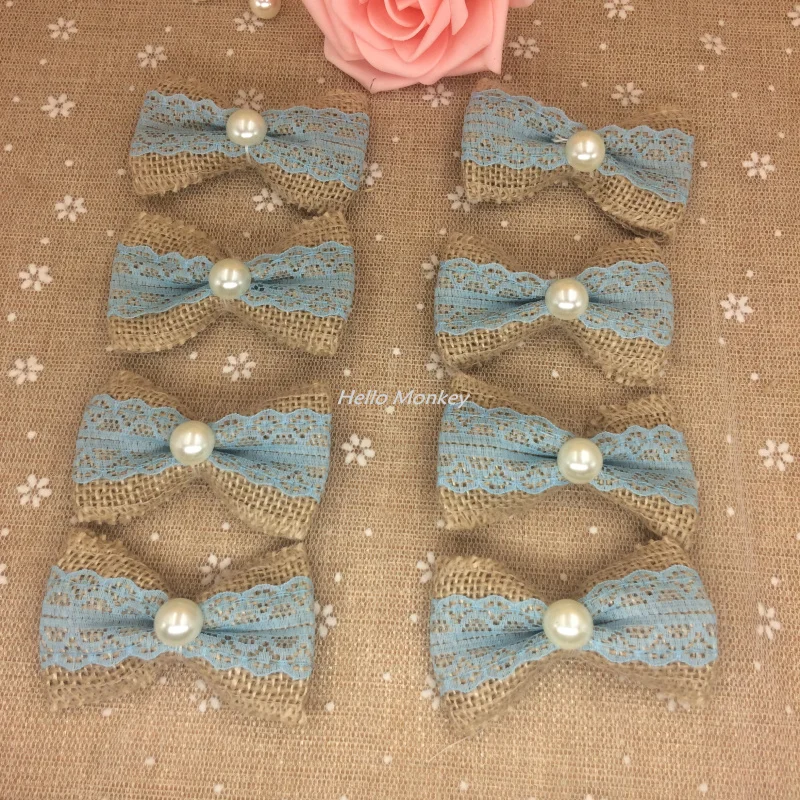 

Natural Jute Burlap Hessian Bowknot Handmade Pearl Bow BlueTrim Lace Vintage Wedding Decoration Hair Bow Hat Craft