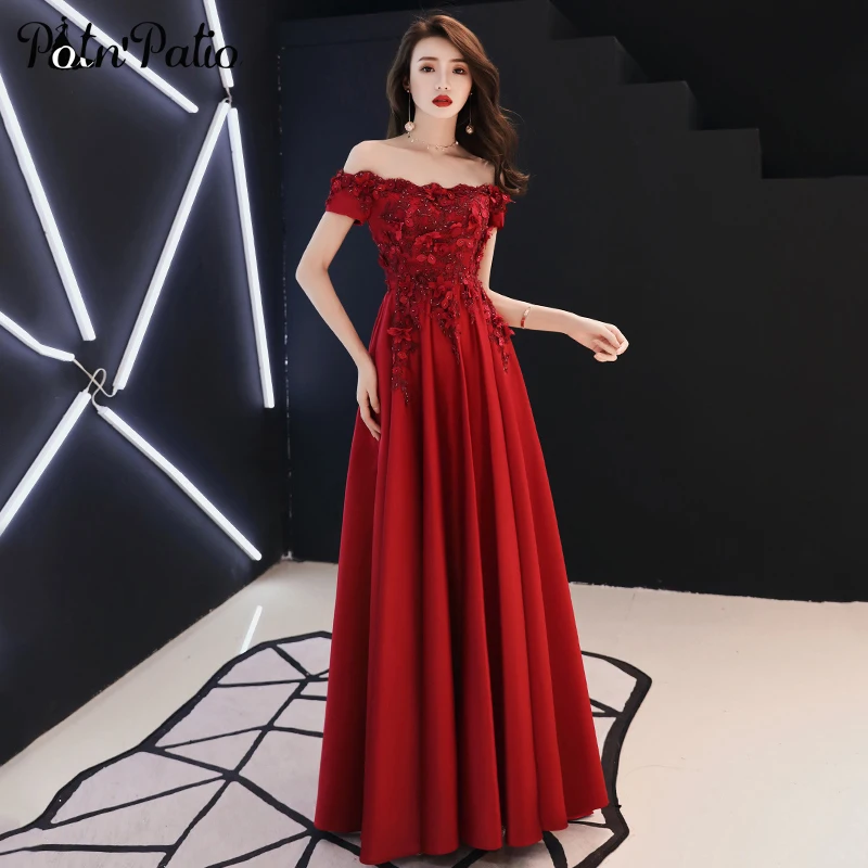 

Luxury Appliques Flower Beading Satin Wine Red Evening Dresses Long 2019 Plus Size Elegant Off The Shoulder Engagement Dress