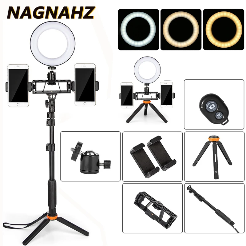  LED Selfie Ring Lamp with Selfie Stick Tripod Phone Holder Dimmable LED Circle Light Video Live Pho - 32993157460