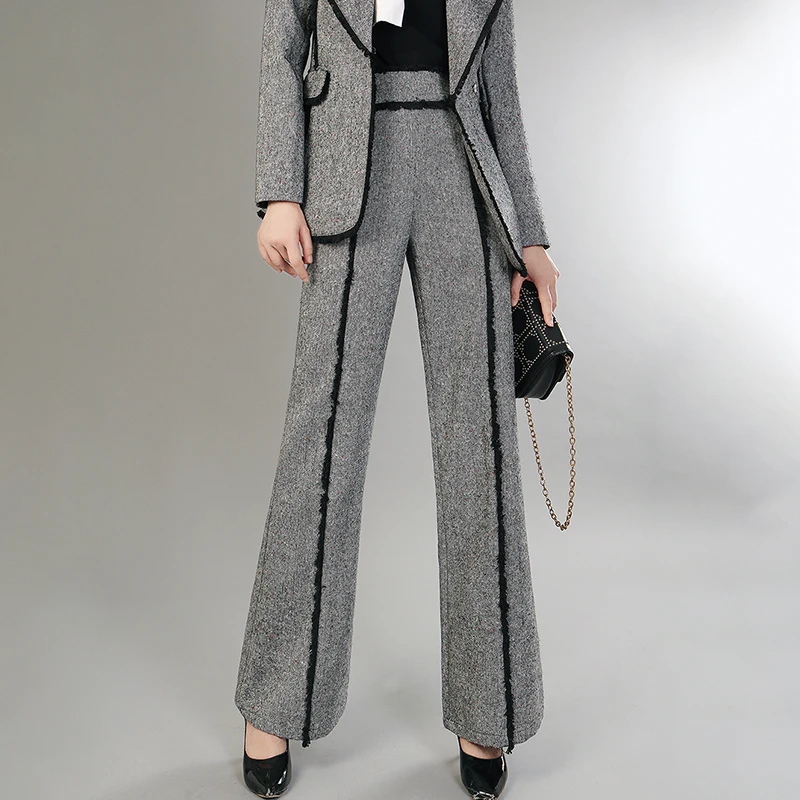 Lanmrem Borla Sueltos Ancha Cintura Yf60702 Cremallera Mujer Alta Moda 2018 Para Patchwork Nueva De Lana Gris Seide Pierna Pantalones rnwROr4q