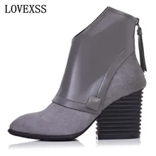 LOVEXSS Genuine Leather Wedge Boots 2016 Winter Full Grain Leather High Heel Boots Black Rue Gray Gothic Office Thick With Shoes