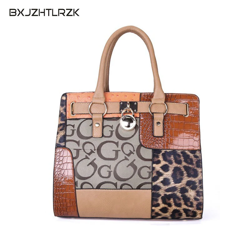 

Autumn and Winter Office Lady Larger Capacity PU Leather Handbag Leopard Letter Pattern Designer Stiching Leather Woman Bag