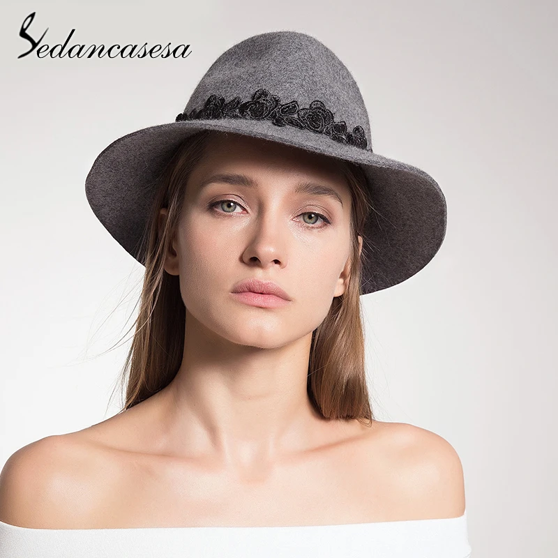 Sedancasesa английский стиль Зимняя женская шапка Fedora шляпа с широкими полями ручная
