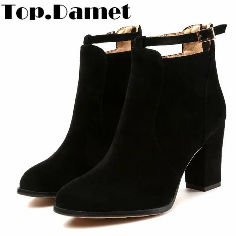 

Top.Damet Women Ankle Boots Fashion High Heel Flock Solid Color Short Boot Spring Autumn Buckle Pointed Toe Shoes Ladies