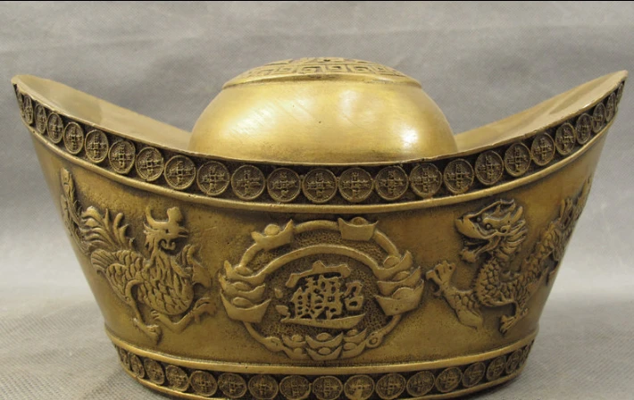 

003620 9" Chinese Bronze FengShui Fly Dragon Phoenix Coin Statue Wealth Money YuanBao