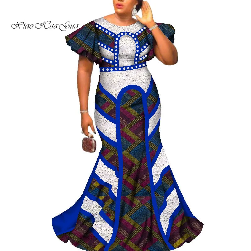 2019 Африканский Базен Riche Femme свадебное платье Африканские модные длинные платья для женщин Круглый вырез бабочка рукав вечерние платья WY2586