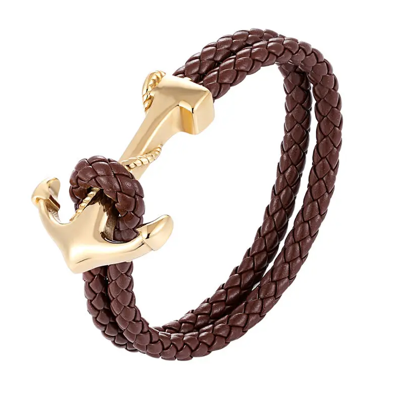 

2018 Fashion Bracelets For Men Jewelry 316L Titanium Steel Anchor Bangle Leather Woven Charm Rope Chain Couple Bracelet Pulseira