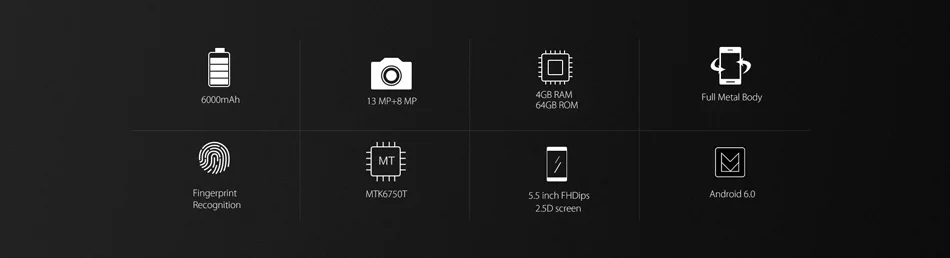 Blackview P2 Смартфон 5.5 дюйма FHD 6000 МАч MTK6750T Octa Ядро 4 Г RAM+ 64 Г ROM Отпечатков Пальцев ID 8MP+ 13MP 4 Г Мобильный Телефон