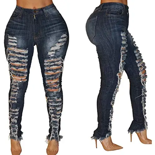 Женские модные рваные узкие джинсы с низкой талией, рваные джинсы для женщин, рок-джинсы полной длины, темно-синие брюки S-XXL