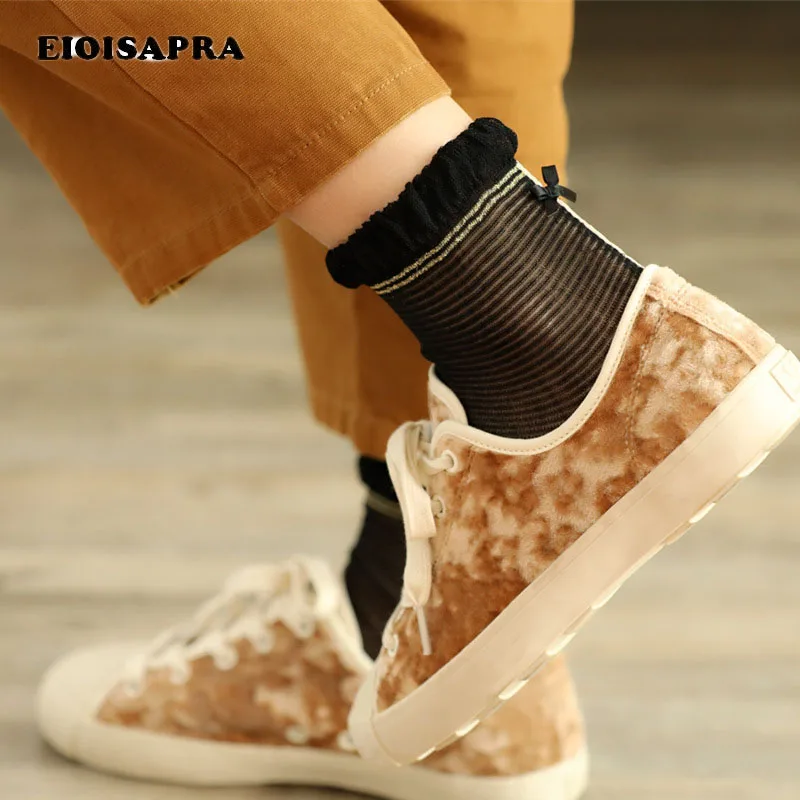 [EIOISAPRA] золотые, серебряные шелковые носки с кружевными цветами и бантиком яркие цвета, свежие носки креативные полосатые Sox, Японские Женские носки в стиле хараджуку