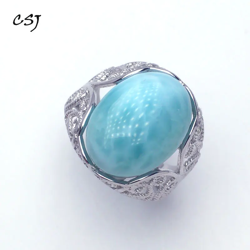 

CSJ New Design Natural blue Larimar rings 12*16MM sterling 925 silver Jewelry Wedding Engagement Party for Women Lady Girl Gift