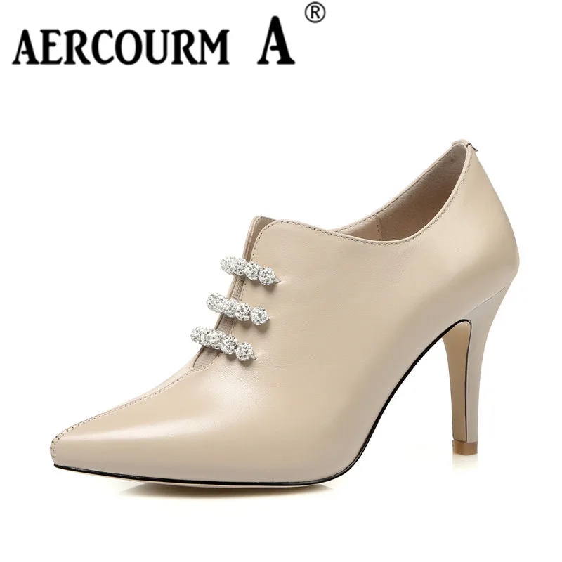 

Aercourm A 2017 Women Genuine Leather Shoes Women Pumps Spring Pointed Toe Flock Career Thick Medium Heels Female Black Shoes