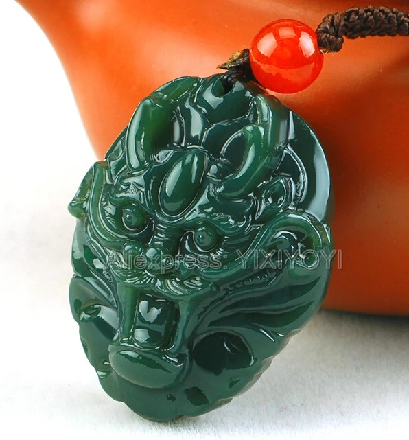 

Natural Green HeTian Jade Carved Chinese Dragon Head Amulet Lucky Pendant + Free Rope Necklace + Certificate Fine Jewelry
