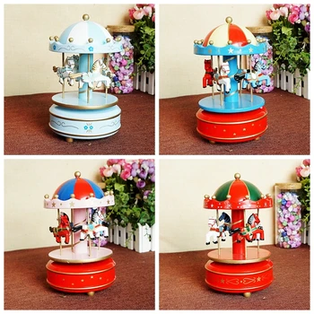 

Popular Wooden Handmade Four-color Carousel Music Box Musical Box for Party Home Furnishing Special Chic Presents for Boys Girls