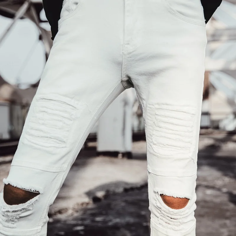 Новые мужские хлопковые рваные повседневные зауженные джинсы обтягивающие белые джинсы мужские брюки модные джинсовые стрейч хип хоп брюки мужские