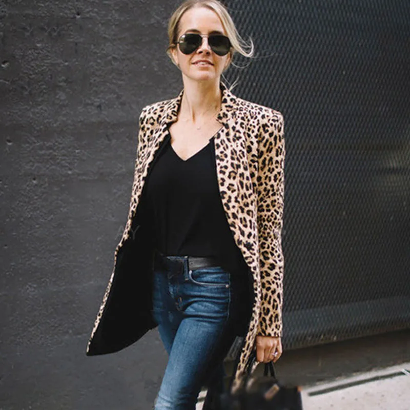 Новое зимнее женское пальто с леопардовым принтом, повседневное приталенное пальто с длинным рукавом, верхняя одежда