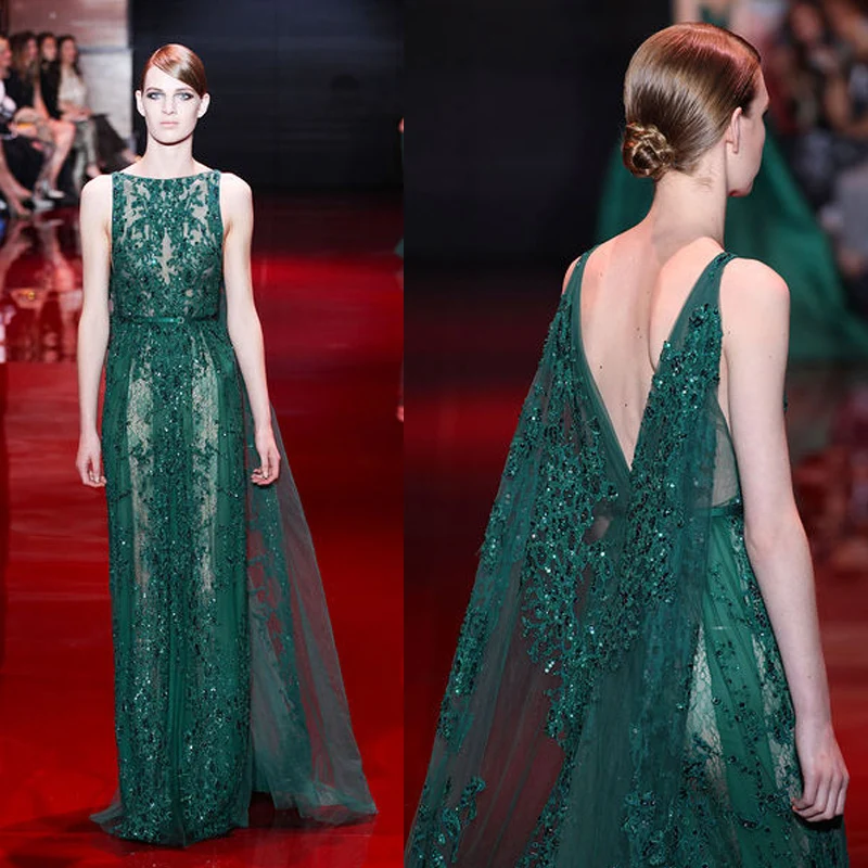 2015 new sexy see through A-Line Beading/Sashes Sheer Bateau Neckline Tulle Floor-Length Elie Saab Green Formal Evening Dresses | Свадьбы и