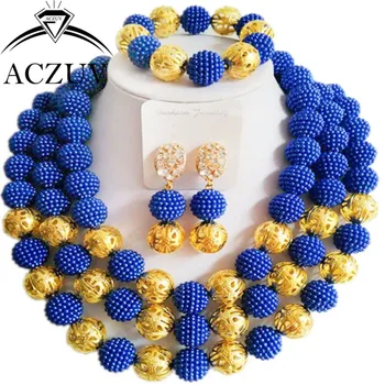 

Brand ACZUV 18inches Nigerian Wedding Fashion African Blue Beads Jewelry Sets Plastic Pearl Gold Color Accessories AN055