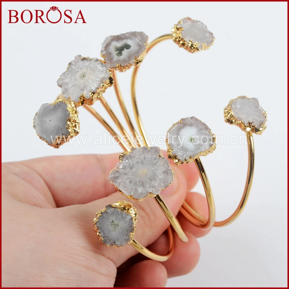 

BOROSA 5PCS Gold Color Small Double Natural Solar Quartz Adjustable Bangle, Druzy Sun Flower Bracelets Jewelry for Women G1533