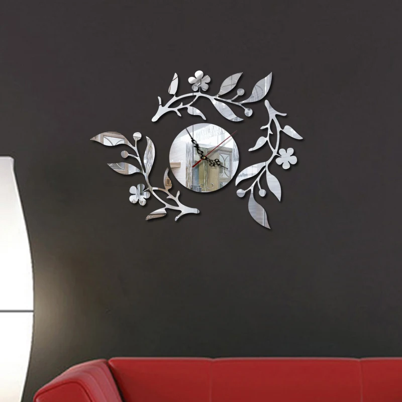 

MEYA New Flower and leaves mirror wall clock sticker, home wall mirror sticker deco, 3D acrylic mirror murals&decals
