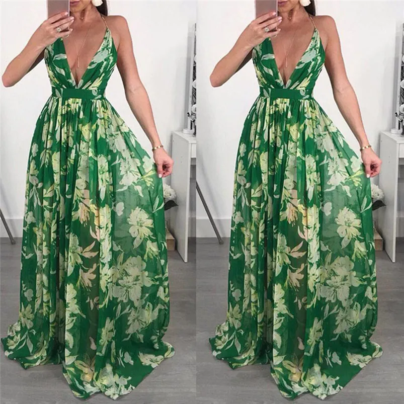 HOT summer dress 2018 beach dress Women Sexy Floral Printed V-Neck Sleeveless Chiffon Evening Party Long Dress vestidos J08#N (2)
