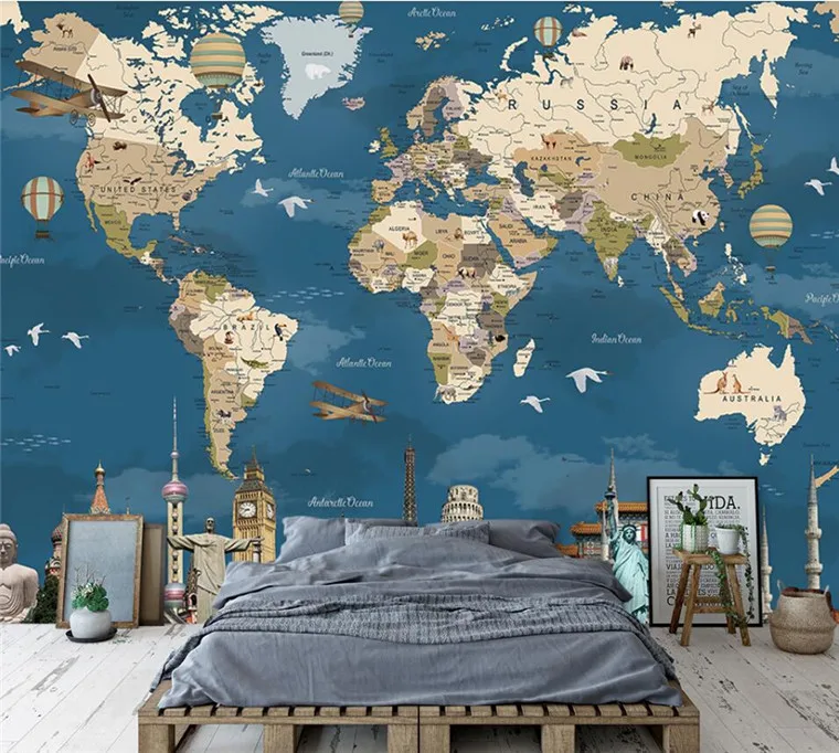 

Retro nostalgia world map background wall custom large mural green silk cloth material wallpaper papel de parede