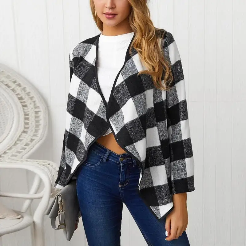 

Plaid Waterfall Collar Lapel Woolen CoatsFashion Ladies Autumn Spring Irregular Cardigan Tops Women Female Casual Loose Outwear