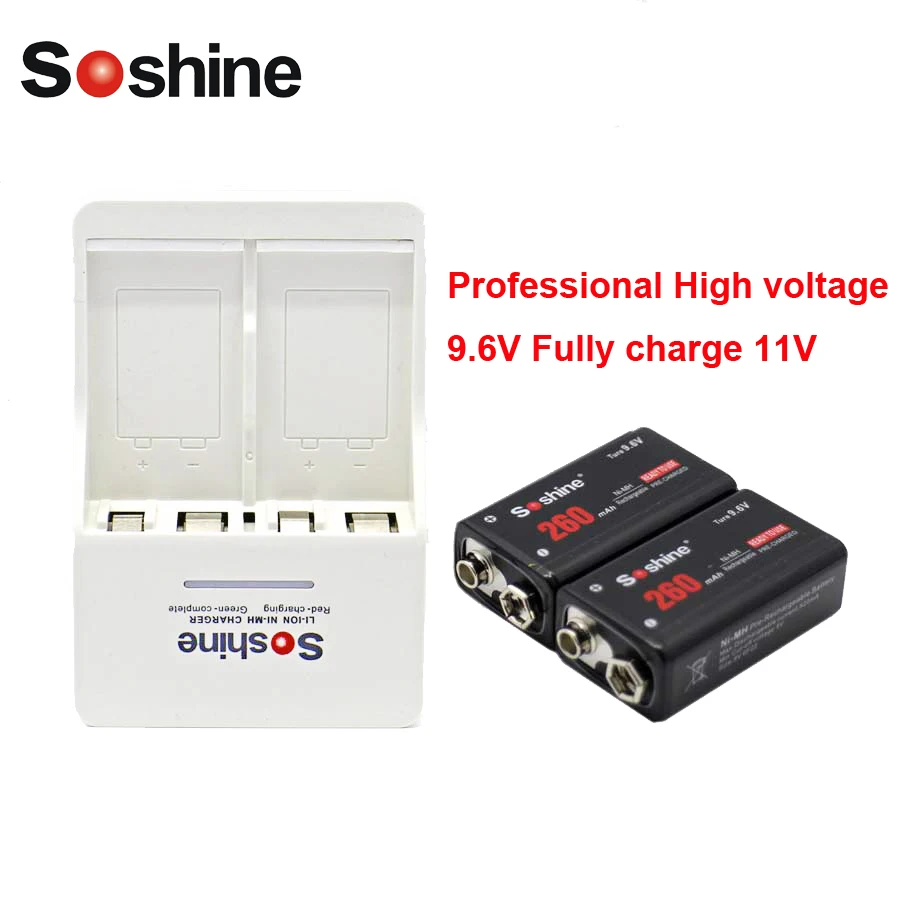 Soshine 9V Charger with 2 pcs Professional 260 mah 9v battery 9.6V Fully charge 11V NiMH rechargeable battery EU or US plug