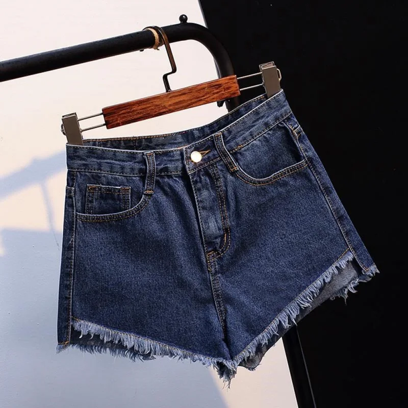 

Womens Short Jeans Spring Summer 2018 New Tassel Hem Mid Waist Denim Blue Button Fly With Pockets Shorts Ladies