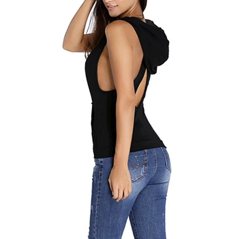 Women Sleeveless Hooded Sweatshirt V Collar Sportswear Quick Dry Back