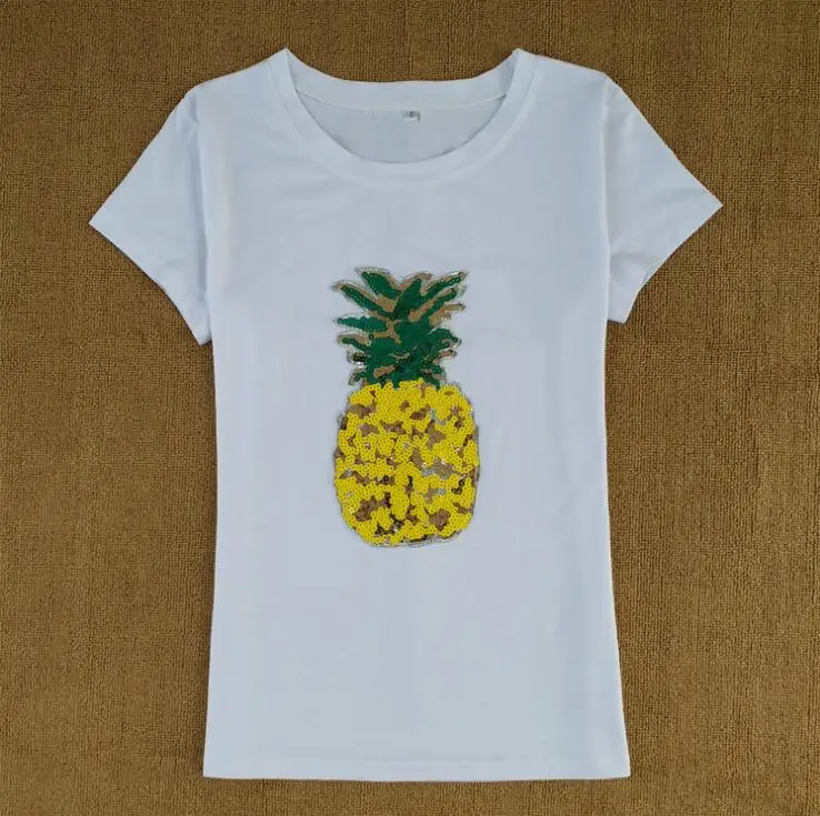 

Womens summer yellow pineapple Sequin short-sleeved T-shirt