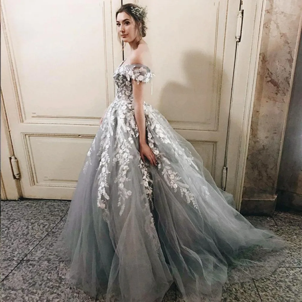 Off the Shoulder Evening Dress Long 2019 Tulle with Lace Appliques Elegant Prom Party Gown Backless Robe De Soiree Formal Dress