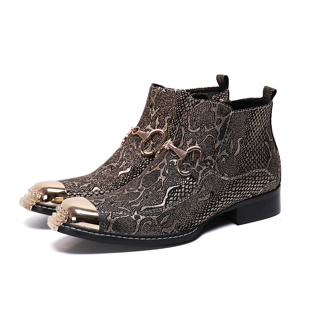 

Christia Bella Winter Printing Men Shoes Genuine Leather Boots Fashion Metal Toe Boots Plus Size Ankle Boots Zipper Boots