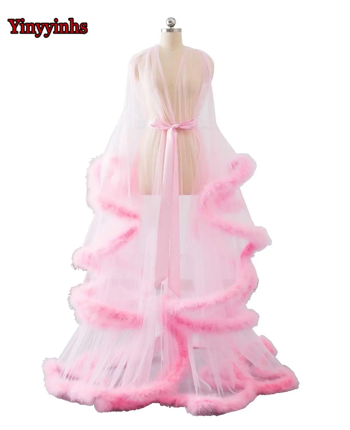 Элегантное vestido de festa длинное вечернее платье v-образный вырез перо длинный рукав Тюль размера плюс вечерние платья для выпускного вечера Robe De Soiree - Цвет: pink